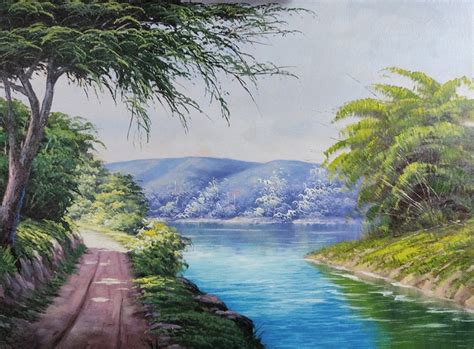 Paisagem Caminho Ao Lado Lago Espelhado Bambu No Elo Arte Quadro