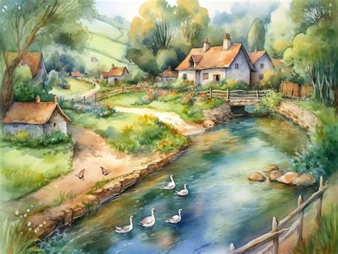 Premium AI Image | A painting of a river scene with swans swimming in ...