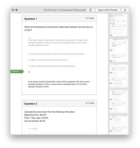 Fin 301 Fin301 Quiz 1 Corporation Finance Answers Psu Finance Penn