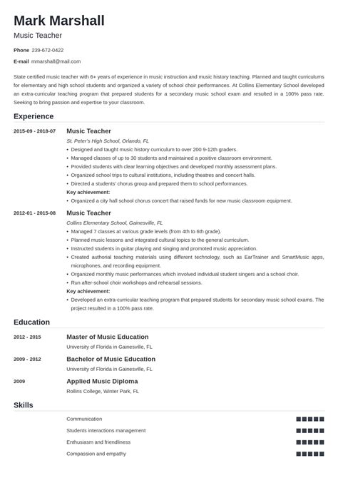 Music Teacher Resume Sample And Writing Guide 20 Tips