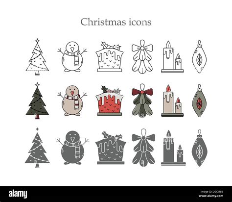 Vector Set Of Christmas Icons In Three Styles Line Art Simple Style