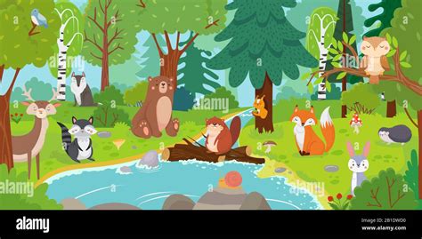 Dibujos animados animales de bosque. Oso salvaje, ardilla divertida y pájaros lindos en bosques ...