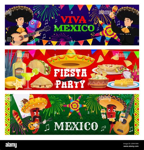 Viva Mexico Fiesta Party Vector Banners Mariachi Musicians Jalapeno Chili Peppers In Sombrero