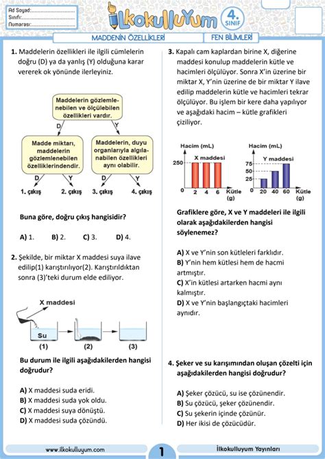 4 Sınıf Fen Bilimleri Maddenin Özellikleri Testleri