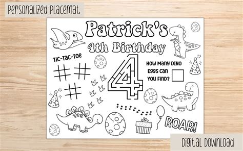 Personalized Dinosaur Party Placemat Dinosaur Birthday Party Activity