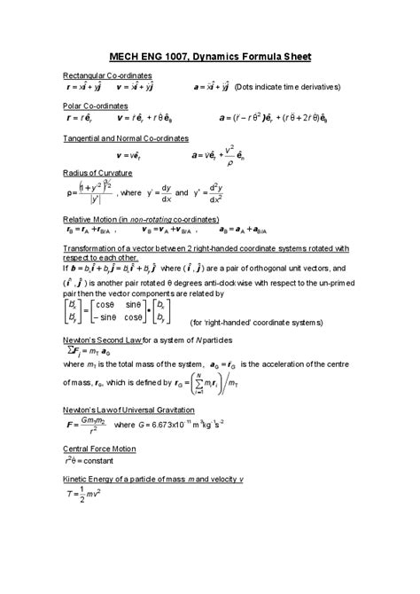 Pdf Dynamics Formula Sheet