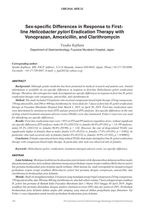 Pdf Sex Specific Differences In Response To First Line Helicobacter