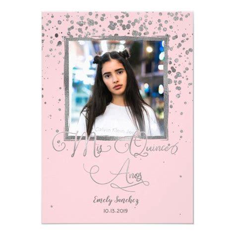 Pink Silver Confetti Spanish Quinceanera Photo Invitation