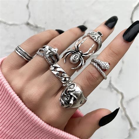 Pcs Set Punk Silver Snake Skull Rings Set For Women Gothic Jewelry