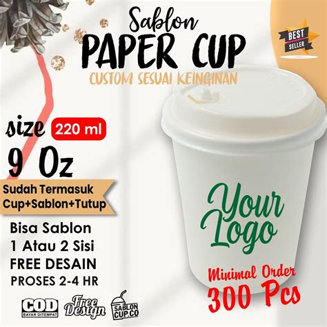 Jual CUSTOM Sablon Paper Cup Size 9 Oz Sudah Termasuk Tutup Gelas