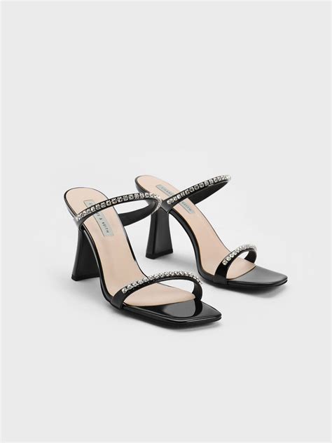 Black Patent Gem Encrusted Heeled Sandals Charles And Keith Hk