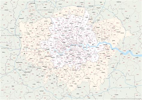 Map of Greater London postcode districts plus boroughs and major roads ...