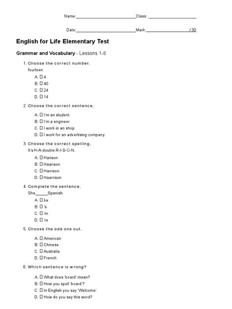 English For Life Elementary Quick Test Units 1 24 English Language