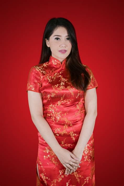 Shy Woman Wearing Cheongsam Dress Stock Photo Image Of Gesture