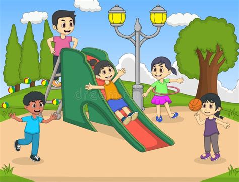 Children Playing Slide At The Park Stock Vector Illustration Of