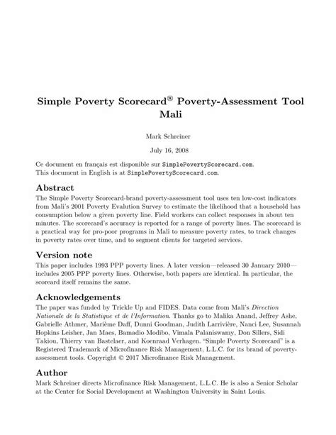 PDF Simple Poverty Scorecard Poverty Assessment Tool Mali Simple