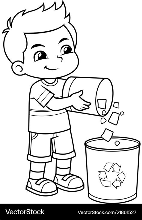 Boy Throwing Garbage In The Trash Can Bw Vector Image