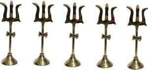 Stylewell Set Of 5 Pcs Trishul Trident Damru With Round Stand Brass