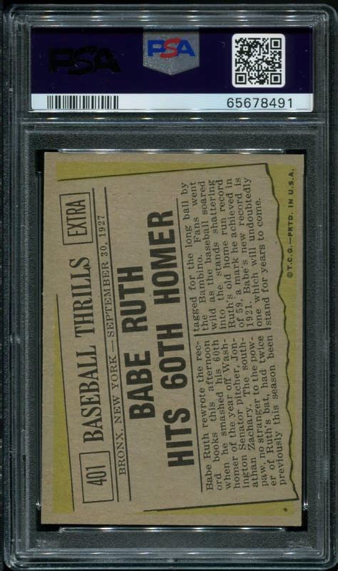 1961 Topps 401 Babe Ruth Hits 60th Homer PSA 6 HOF 65678491 All