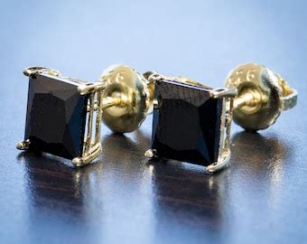 Yellow Gold Princess Cut Black Onyx Stud Screw Back Earrings Etsy