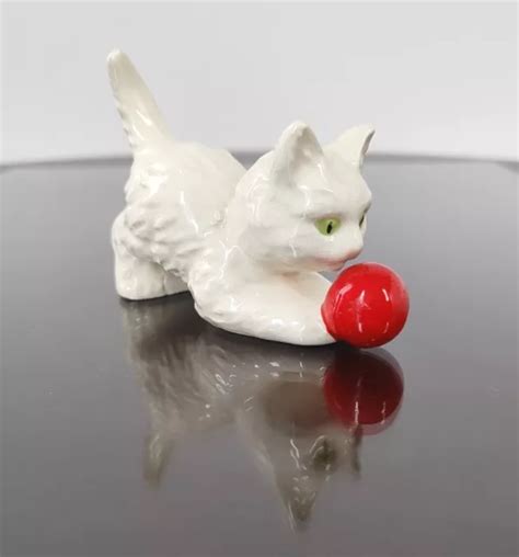 VINTAGE GOEBEL PORCELAIN Cat Figurine Red Ball White Signed West