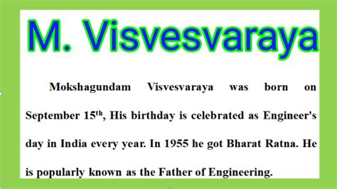 Biography of sir M Visvesvaraya speech / essay in English M ...