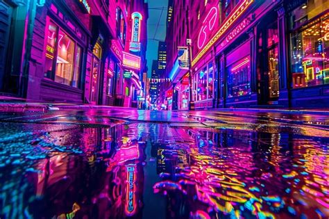 Multicolored Neon Lights On A Dark City Street Reflection Of Neon Light