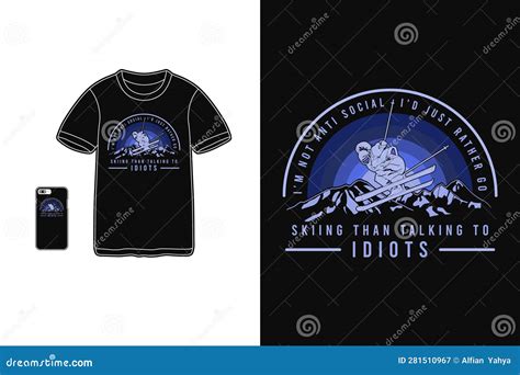 Mountain Ski T Shirt Design Silhouette Retro Vintage Style Stock Vector