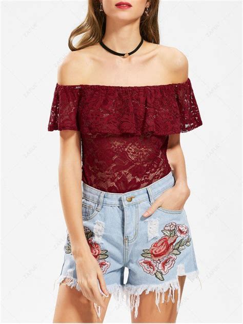 Off The Shoulder Flounce Lace Bodysuit In Wine Red Zaful 2024