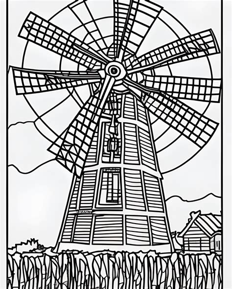 Ausmalbild Windmühle auf dem Land in den Niederlanden Creative