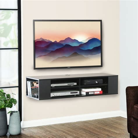 FITUEYES Black Wall Mounted Media Console Floating TV Stand Component Shelf Entertainment Center ...