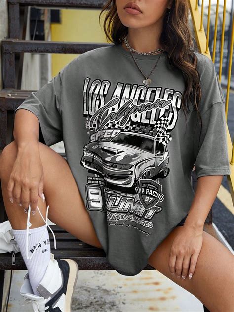 Shein Coolane Camiseta Ombro Ca Do Impress O De Letra E Carro Em