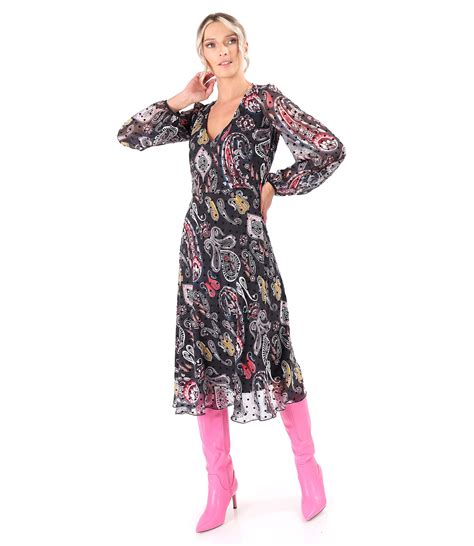 Midi Dress Made Of Printed Veil With Paisley Motifs Dark Grey Yokko