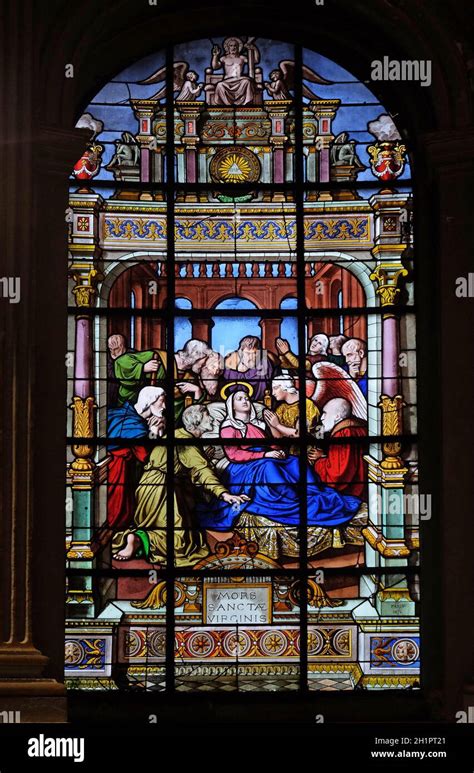 Death Of The Virgin Mary Stained Glass Windows In The Saint Laurent Church Paris France Stock