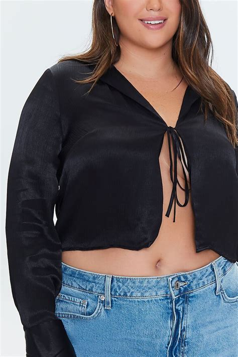 Plus Size Satin Tie Front Crop Top