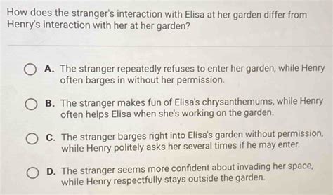 Solved How Does The Stranger S Interaction With Elisa At Her Garden