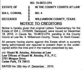 Notice To Creditors Hill Country News