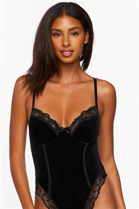 Forever 21 Velvet Floral Lace Bodysuit Black Forever21usa