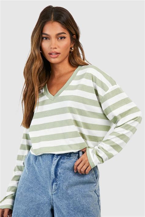 Stripe V Neck Long Sleeve Tshirt Boohoo Uk