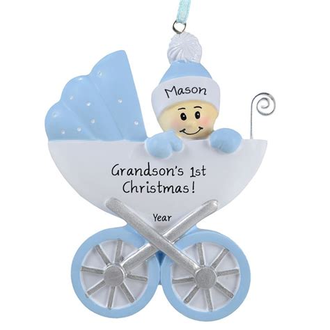 Grandsons 1st Christmas Blue Baby In Carriage Ornament Personalized