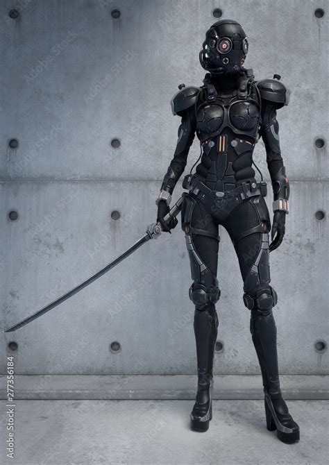 Science Fiction Cyborg Female Standing Against An Old Concrete Wall And