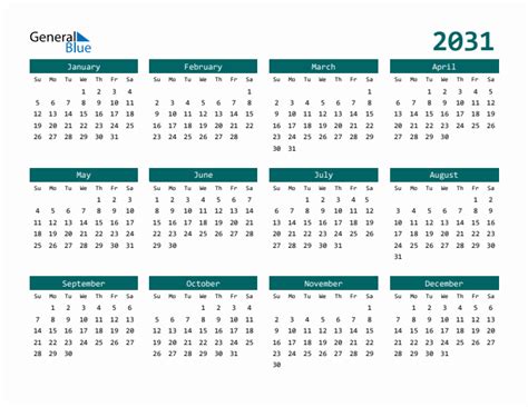 Free 2031 Calendars in PDF, Word, Excel