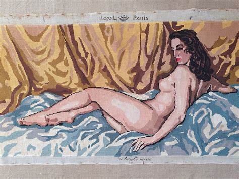 Vintage Nude Needlepoint Finished Tapestry Naked Woman Art Nouveau