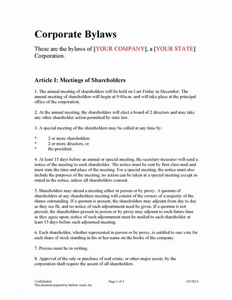 Corporate Bylaws Template Florida