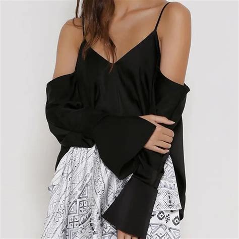 Solid Black Women Blouse Off Shoulder V Neck Sleeveless Backless Tops