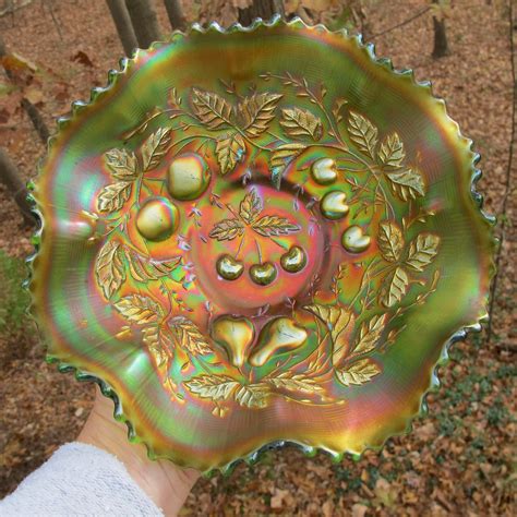 Antique Northwood Three Fruits Green Carnival Glass Bowl Carnival Glass