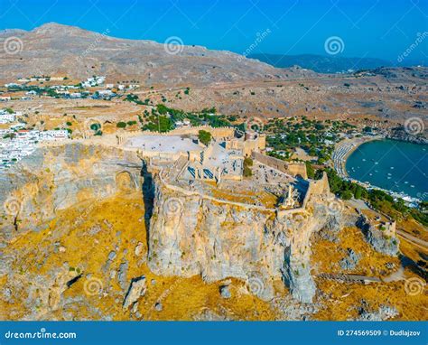 Aerial View Of Lindos Acropolis At Greek Island Rhodes Stock Image