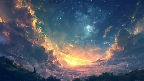 Anime, Anime, Landscape, Sky, Water, Clouds, Trees, Night, Stars, Night ...