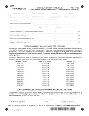 Fillable Online Revenue Delaware Form Ext Corporation Income