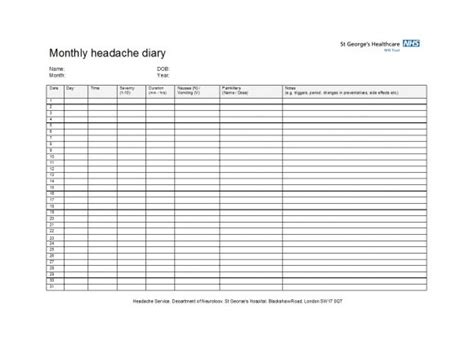 Free Printable Headache Log PRINTABLE TEMPLATES